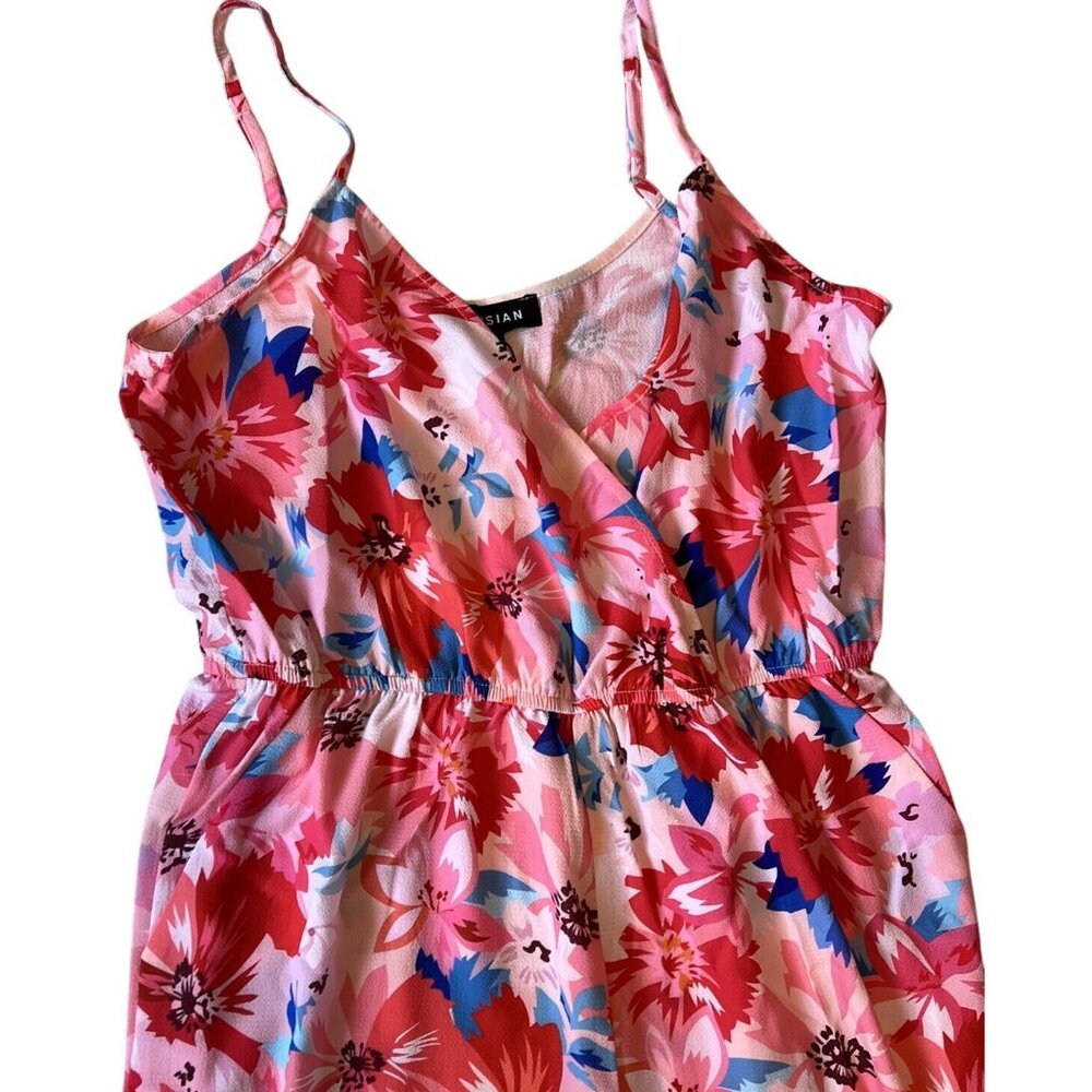 Parisian Womans Pink Blue Floral Jumpsuit High Leg Slits Resort Vacay Size 10 - Picture 2 of 8